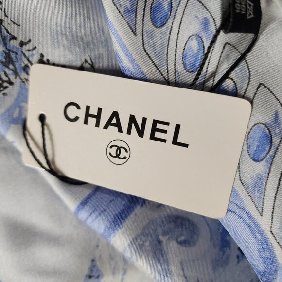 Chanel CC 100% Silk Square Scarf Stole White Blue Women's Rare Italy NWT - Picture 13 of 16